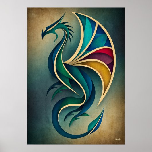 Art Deco Drache Abstrakte Geometrische Fantasy Wan Poster (Vorne)