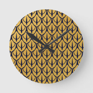 Art Deco-Drachenschuppen - Blaue und goldene Schup Runde Wanduhr