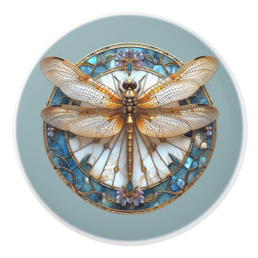Art Deco Dragonfly Gestaltetes Glas Pink Gold Blau Keramikknauf (Vorderseite)