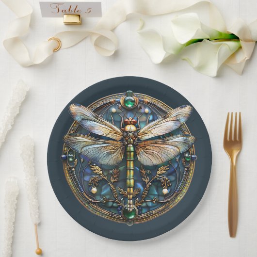Art Deco Dragonfly Pearls Emeralds Gold Pappteller (Hochzeit)