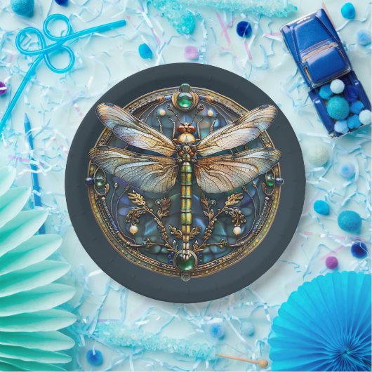 Art Deco Dragonfly Pearls Emeralds Gold Pappteller (Party)