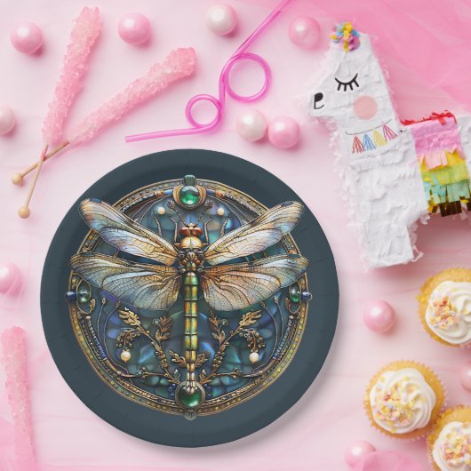 Art Deco Dragonfly Pearls Emeralds Gold Pappteller (Party)