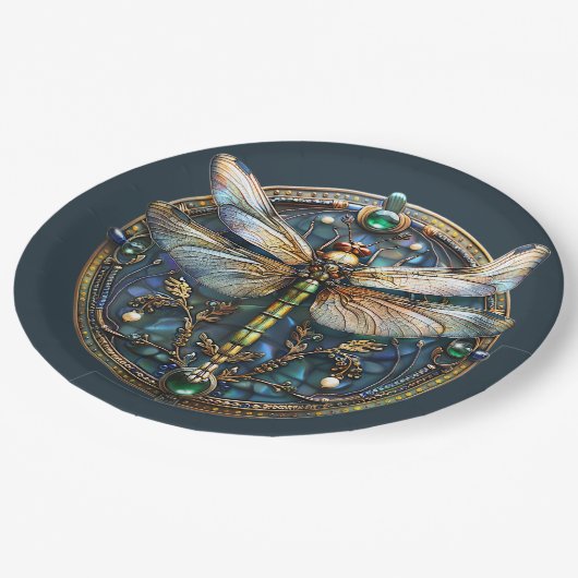 Art Deco Dragonfly Pearls Emeralds Gold Pappteller (Schrägansicht)