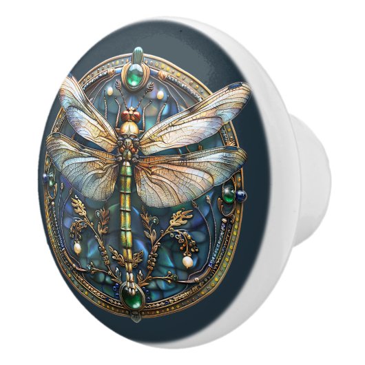 Art Deco Dragonfly Pearls Emeralds Gold Türkis Keramikknauf (Rechts)