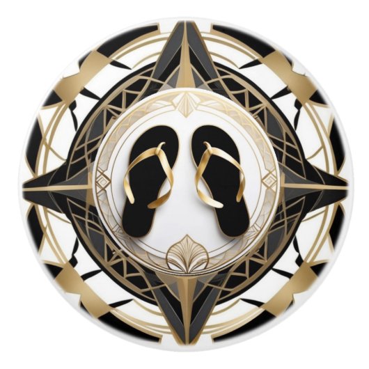 Art Deco Dreh Flop Shoes Schwarz-weiß Gold Keramikknauf (Vorderseite)