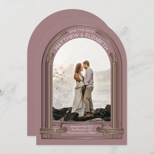 Art Deco Dusty Rose Bronze Arch Save the Date Einladung (Vorne/Hinten)