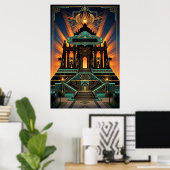 Art Deco Egyptian Revival Temple Gold & Teal Poster (Heimbüro)