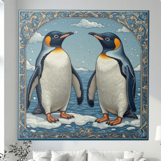 Art Deco Eisvögel Pinguin Paar Schnee Blauer Ozean Fliese