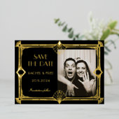 Art Deco Elegant Black Gold 20s Save the Date Folieneinladung (Stehend vorne)