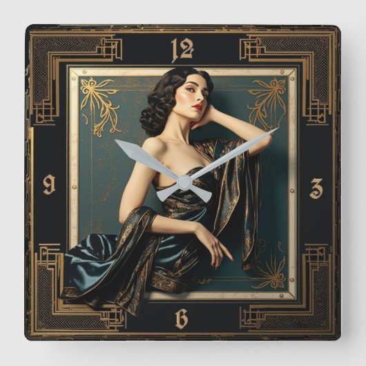 Art Deco Elegant Girl Quadratische Wanduhr (Vorderseite)