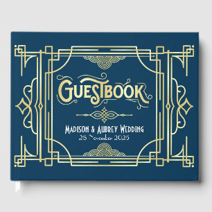 Art Deco Elegant Gold Blue Gatsby Hochzeit 1920 Gästebuch