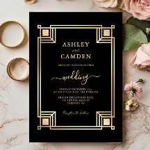 Art Deco Elegant Gold Frame Black Wedding