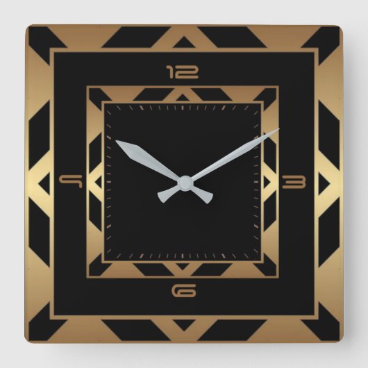 Art Deco, elegant, schwarz und gold Quadratische Wanduhr (Vorderseite)