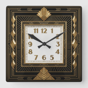 Art Deco Elegant Schwarz und Gold Quadratische Wanduhr