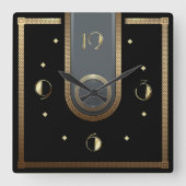 Art Deco, elegant, schwarz und gold Quadratische Wanduhr (Vorderseite)