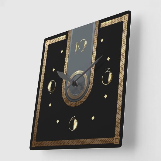 Art Deco, elegant, schwarz und gold Quadratische Wanduhr (Winkel)