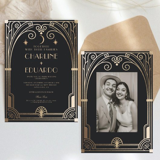 Art Deco Elegante Black Gold 20s Classic Wedding Einladung