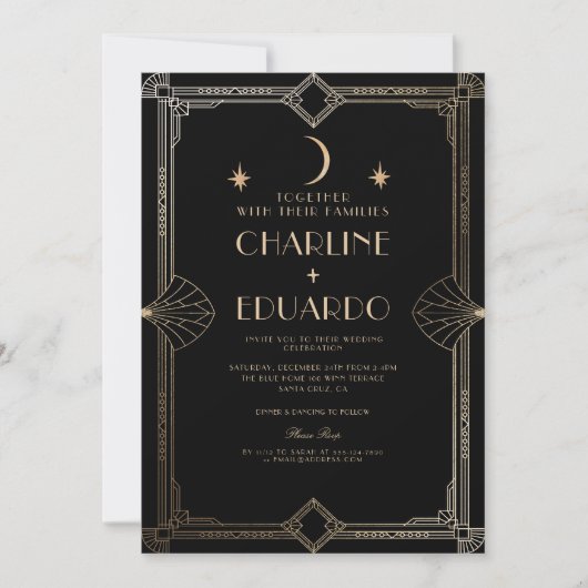 Art Deco Elegante Black Gold 20s Classic Wedding Einladung (Vorderseite)