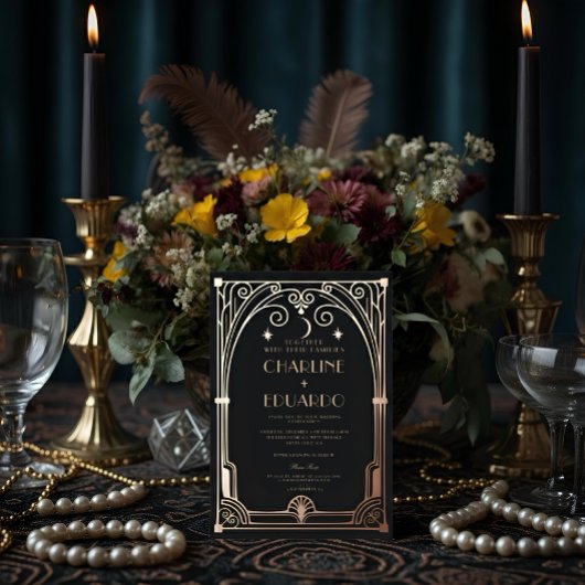 Art Deco Elegante Black Gold 20s Classic Wedding Folieneinladung