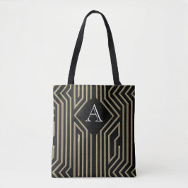 Art Deco Elegante Black Gold Monogram Tasche