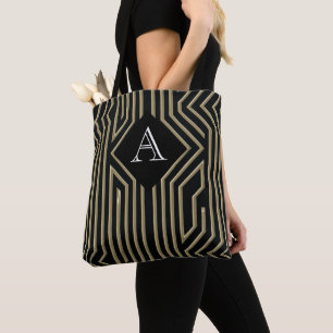 Art Deco Elegante Black Gold Monogram Tasche