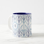 Art Deco Elegante Blätter Blaue Vegetation Zweifarbige Tasse (Vorderseite Links)