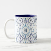 Art Deco Elegante Blätter Blaue Vegetation Zweifarbige Tasse (Links)