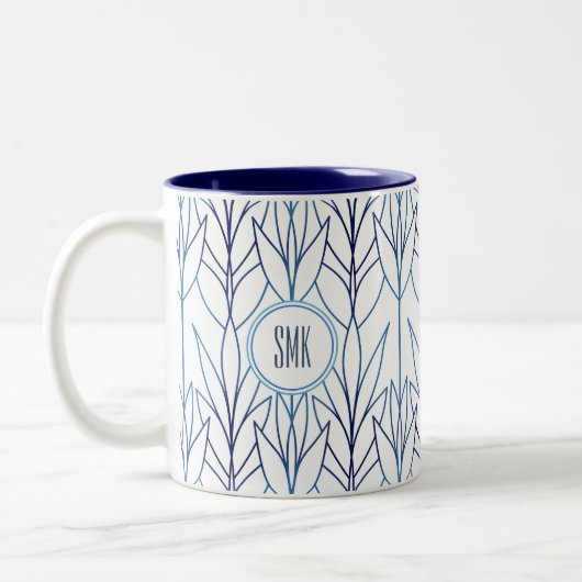 Art Deco Elegante Blätter Blaue Vegetation Zweifarbige Tasse (Links)
