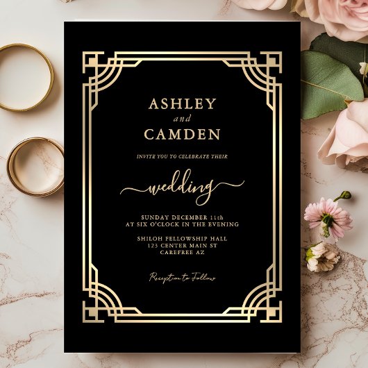 Art Deco Elegante Goldrahmen-Hochzeit Einladung