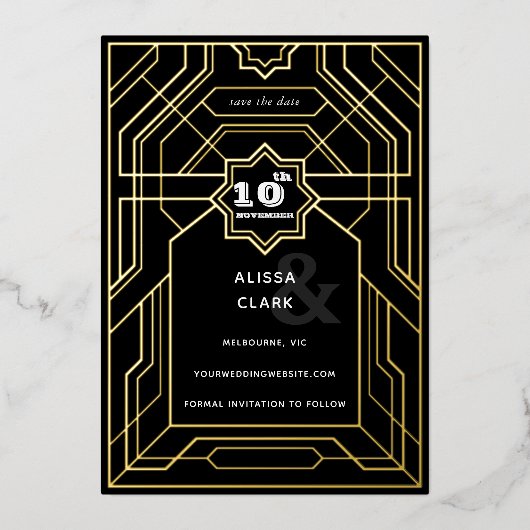 Art Deco Elegante Save the Date Folieneinladung (Vorderseite)