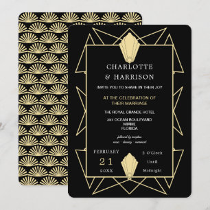 Art Deco Elegante Schwarze Hochzeit Einladung