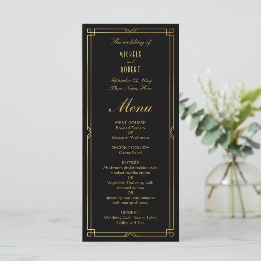 Art Deco Elegantes Black Gold Frame Wedding Menü Menükarte (Stehend Vorderseite)
