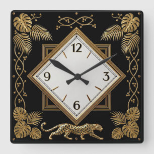Art Deco elegantes Gold und Schwarz Quadratische Wanduhr