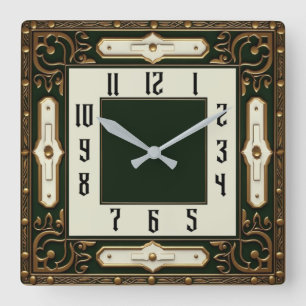 Art Deco Elegantes Grün Quadratische Wanduhr