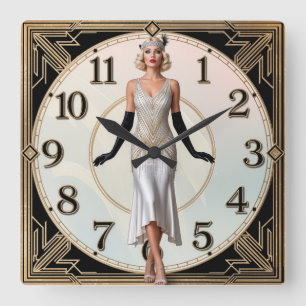 Art Deco Elegantes Mädchen Quadratische Wanduhr