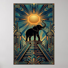Art Deco Elephant Pyramid Golden Sunset Poster
