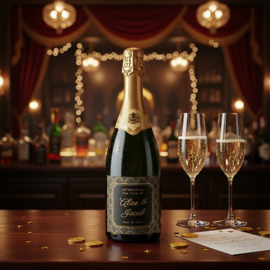 Art Deco Embroidered-Style Wedding Champagne Schaumweinetikett