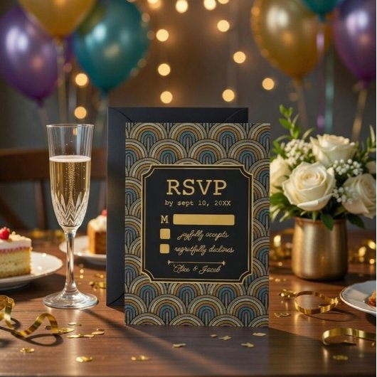 Art Deco Embroidered-Style Wedding RSVP Card Karte