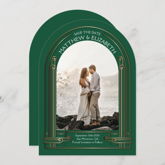 Art Deco Emerald Green Bronze Arch Save the Date Einladung (Vorne/Hinten)