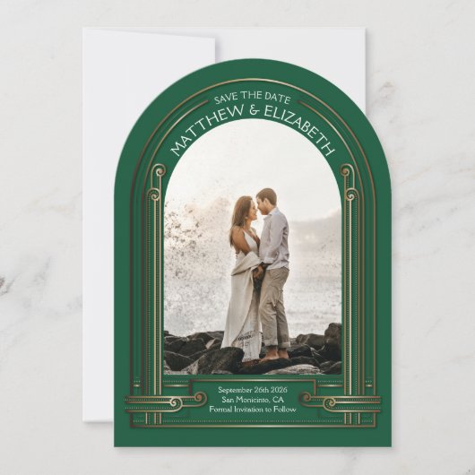 Art Deco Emerald Green Bronze Arch Save the Date Einladung (Vorderseite)