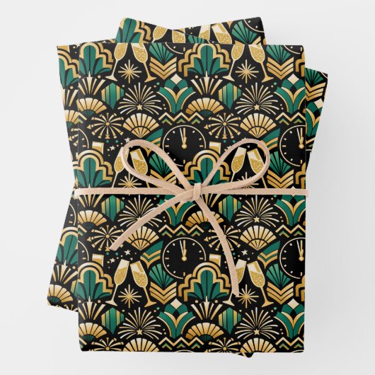 Art Deco Emerald Midnight New Year Pattern Geschenkpapier Set (Beispiel)