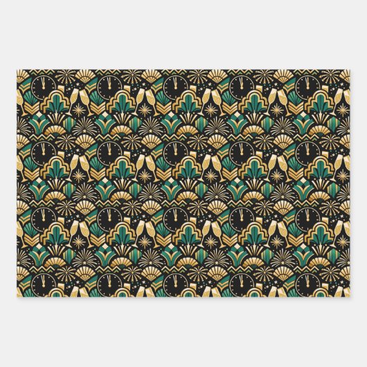 Art Deco Emerald Midnight New Year Pattern Geschenkpapier Set (Vorderseite)