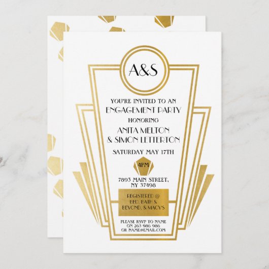 Art-Deco-Engagement-Party der 1920er Jahre lädt Ga Einladung (Vorne/Hinten)