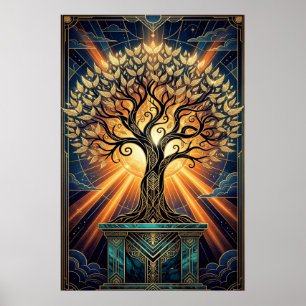 Art Deco Engelhaft Federbaum Gold & Mitternachtspo Poster
