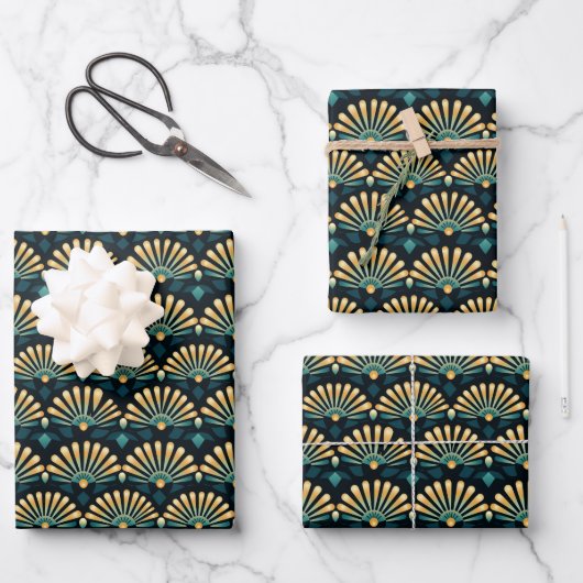 Art Deco Fächer Muster Geschenkpapier Bogen Set (Vorderseite)