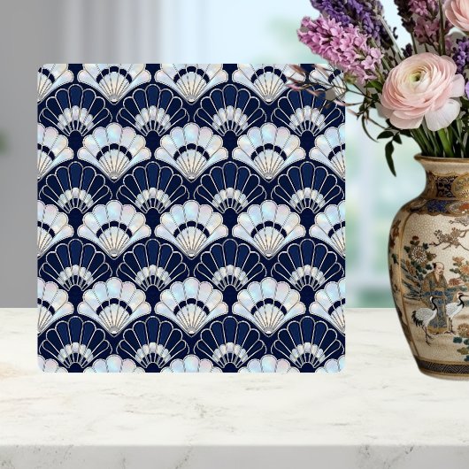 Art Deco Fächer Muster Navy Blau Perlmutt Silber Fliese
