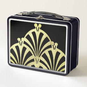 Art Deco Fächer Muster schwarz gold elegant vintag Metall Brotdose