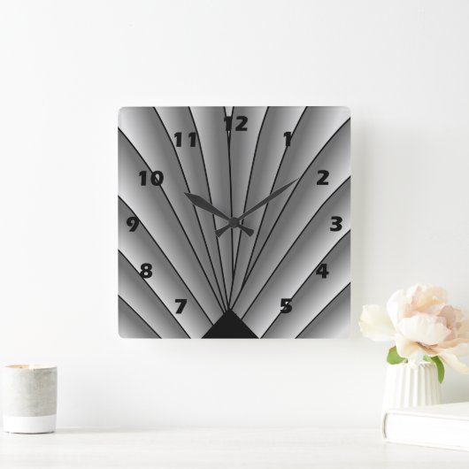 Art Deco Fan Design Grey Square Wall Clock Quadratische Wanduhr (Zuhause)