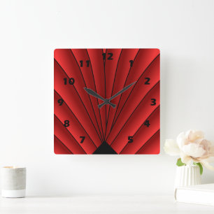 Art Deco Fan Design Red Square Wall Clock Quadratische Wanduhr