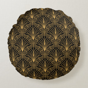 Art Deco Fan: Geometrisches, gelbes Schwarz Rundes Kissen